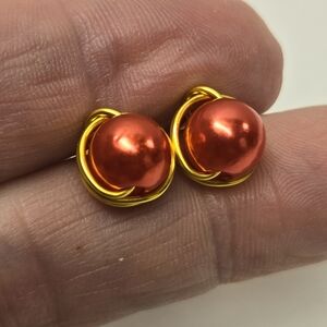 Hand Crafted Gold and Red Faux Pearl Post Earrings